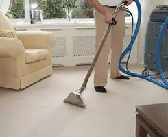 Carpet cleaning professional removing dirt and stains with a hot-water extraction tool in a home, Norfolk, VA.