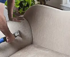 Professional upholstery cleaner deep-cleaning a fabric sofa with a handheld extraction tool and hose in Norfolk, VA.